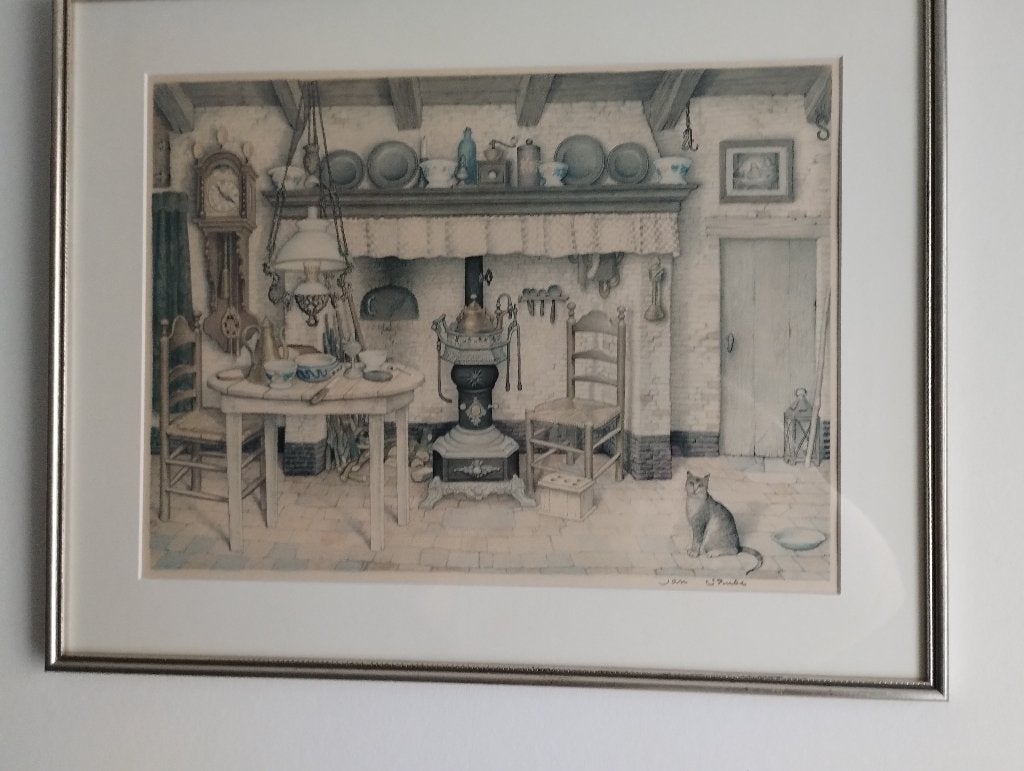Jan Strube; Boeren interieur van hereboer, Ingelijst, Ophalen of Verzenden, Overige onderwerpen, Lithografie