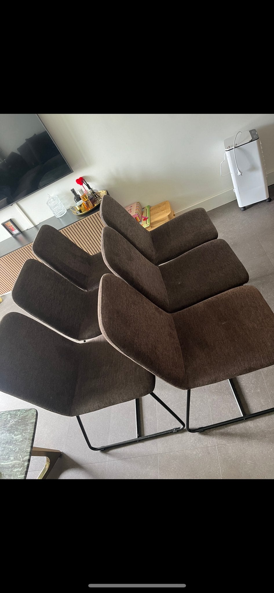 6x Karwei eetstoelen donkerbruin/grijs, Huis en Inrichting, Ophalen, Gebruikt, Bruin, Stof