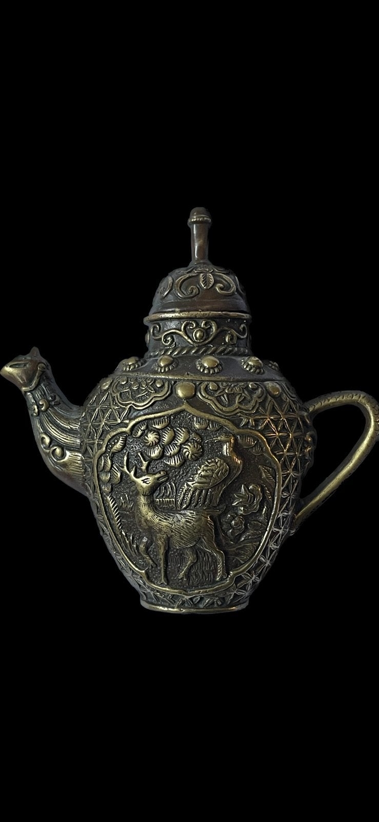 Oude bronzen Chinese theepot Hert/ Kraanvogel, Ophalen of Verzenden