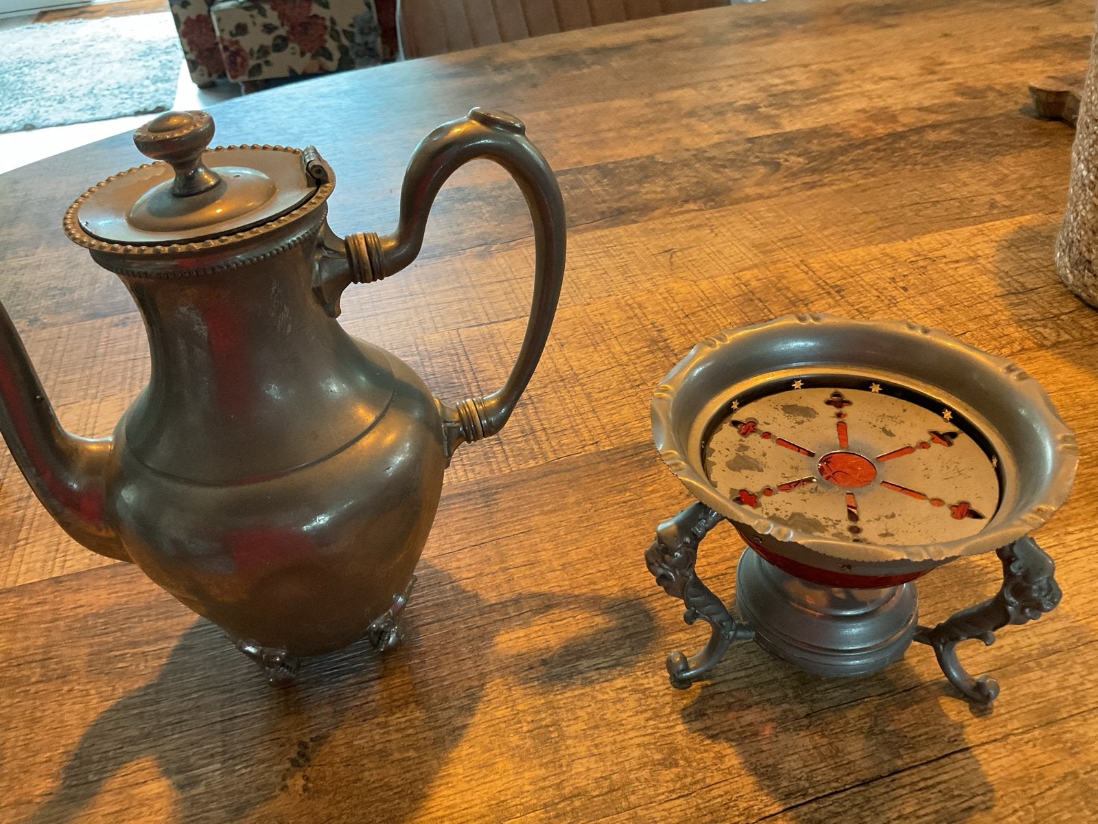 Antieke tinnen koffiepot met theelichtje, Ophalen of Verzenden