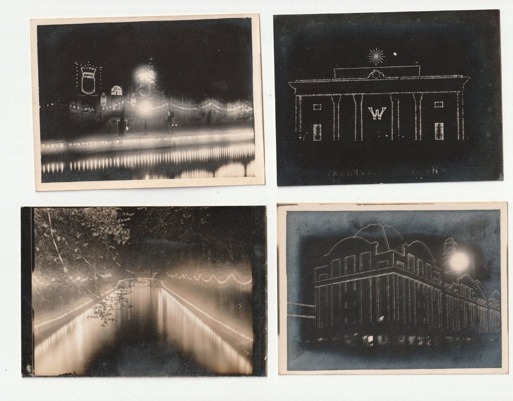 Amsterdam jubileumfeesten 1923 illuminatie 8 oude foto's, Gebruikt, Foto, Ophalen of Verzenden, Gebouw