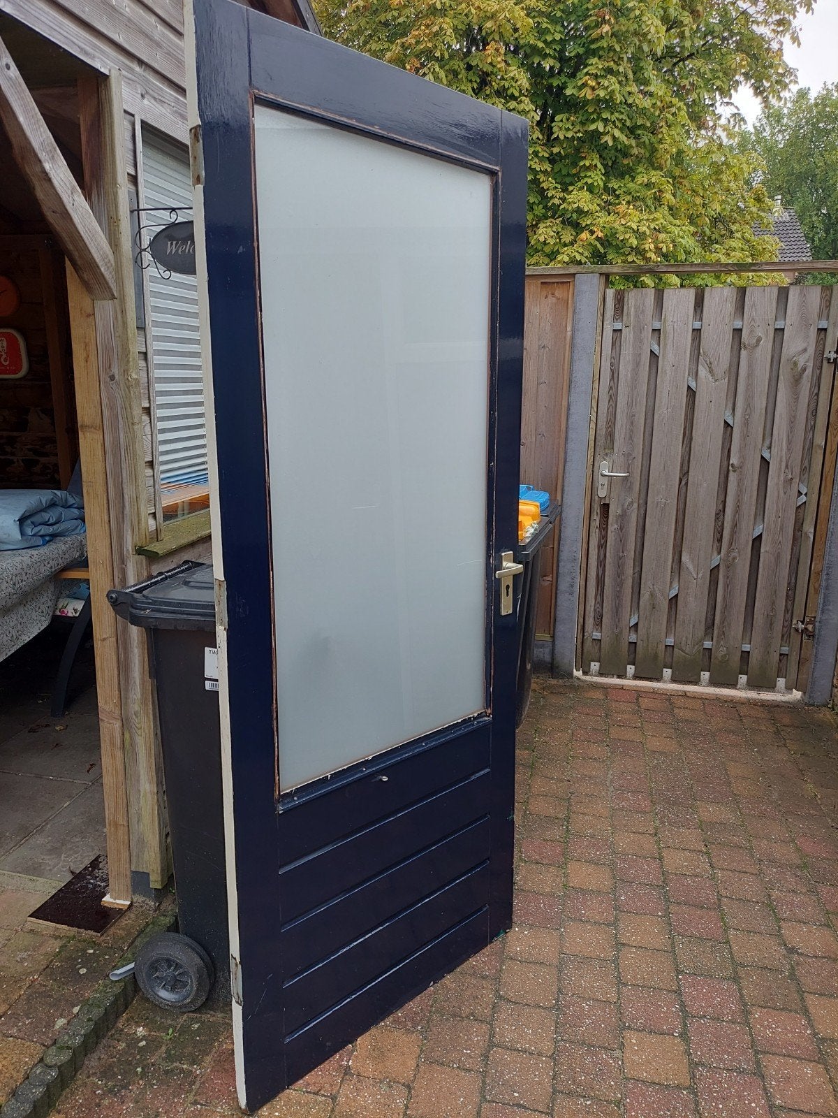 Gebruikte Buitendeur met Glas - Crème/Donkerblauw, Doe-het-zelf en Verbouw, Ophalen, Gebruikt, 80 tot 100 cm, Binnendeur