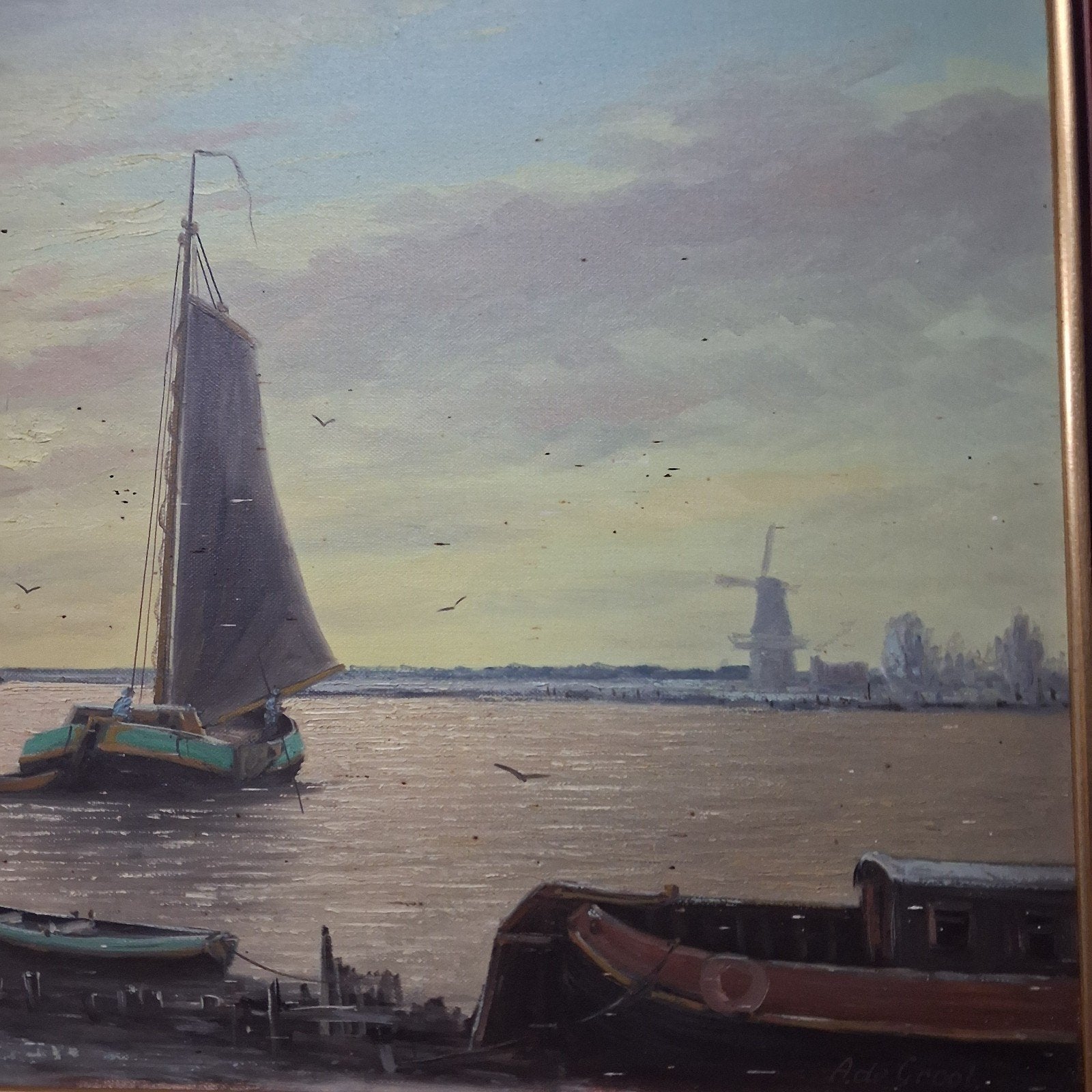 Prachtig schilderij IJsselgezicht bij Olst – A. de Groot, Antiek en Kunst, Nederlandse school, Doek, Ophalen of Verzenden, Gesigneerd