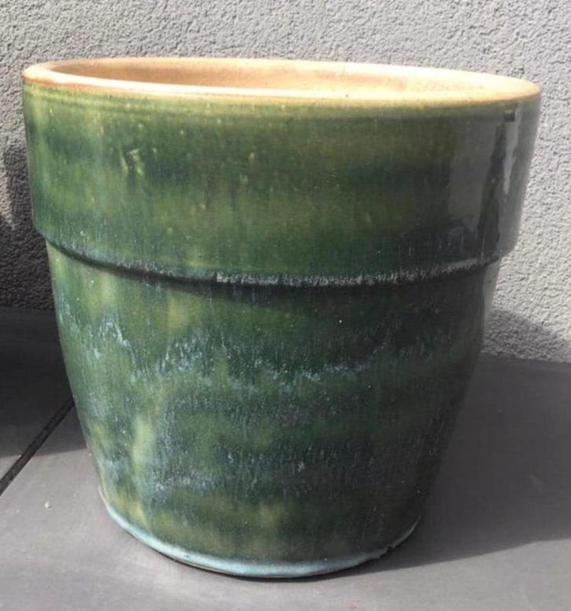 Grote hoge vintage stenen bloempotten groen geglazuurde pot, Rond, Zo goed als nieuw, Minder dan 40 cm, Balkon