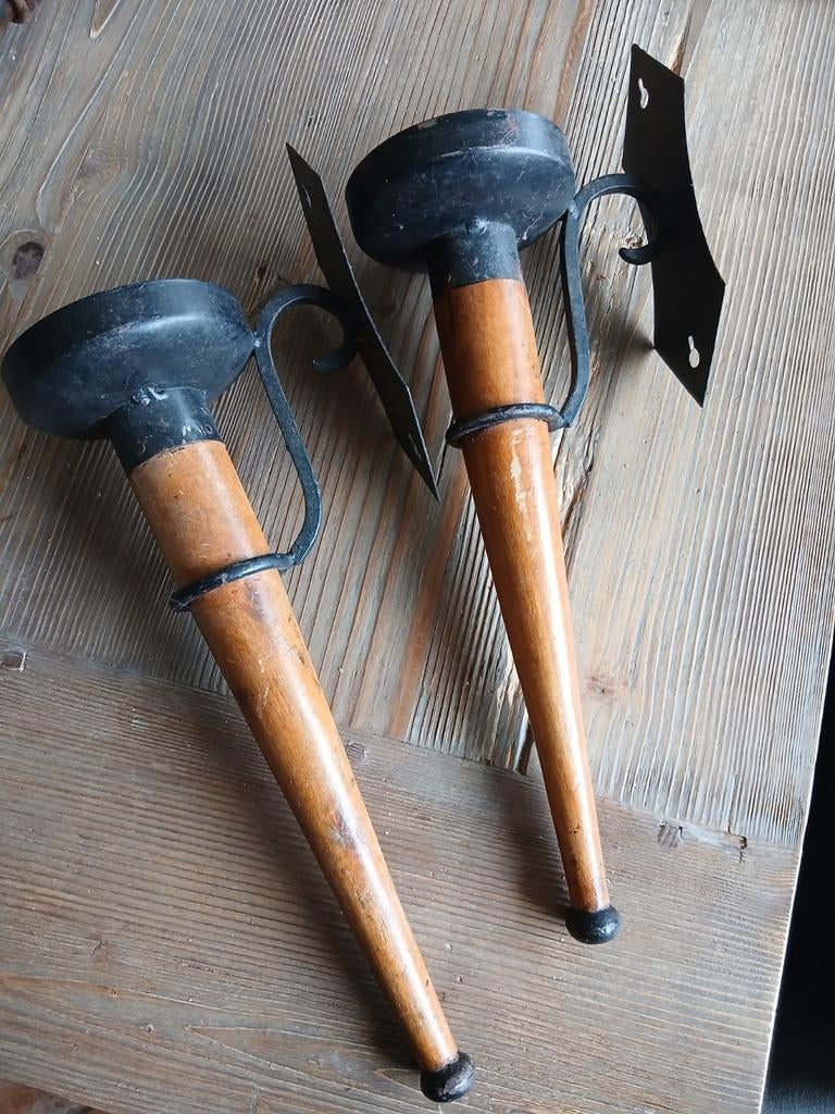 Set van 2 Vintage Wandkandelaars - Hout en Metaal, Ophalen of Verzenden