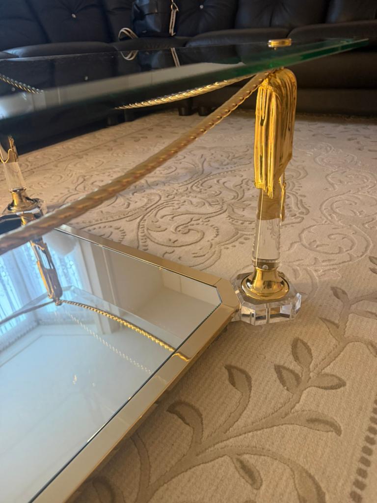 Vintage Hollywood Regency glazen salontafel met messing, Ophalen, 100 tot 150 cm, Vierkant, Klassiek, hotel chique of vintage interieur.