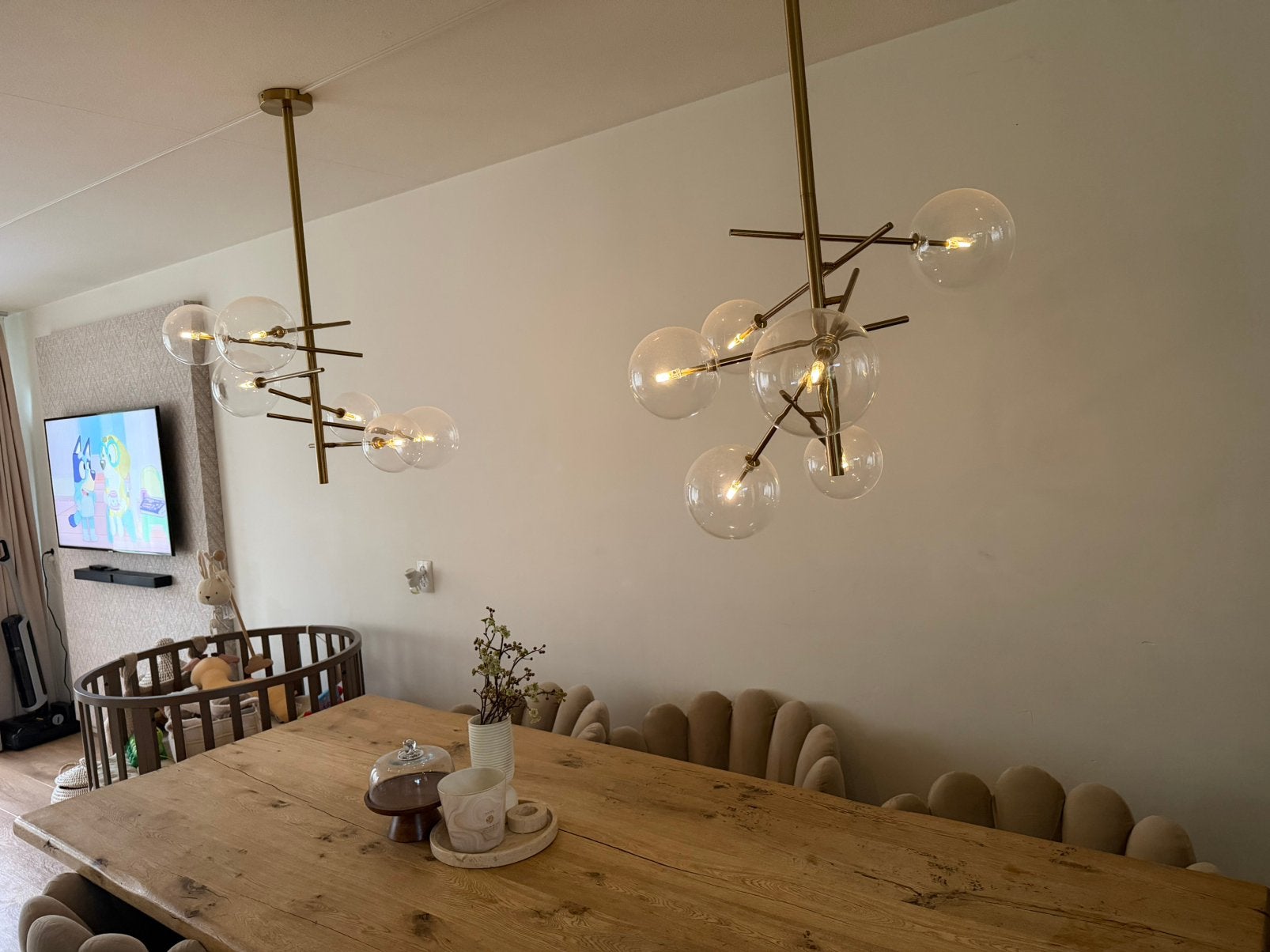 2 Gouden Hanglampen met Glazen Bollen – Label6 – Design, Ophalen, Gebruikt, Overige fittingen