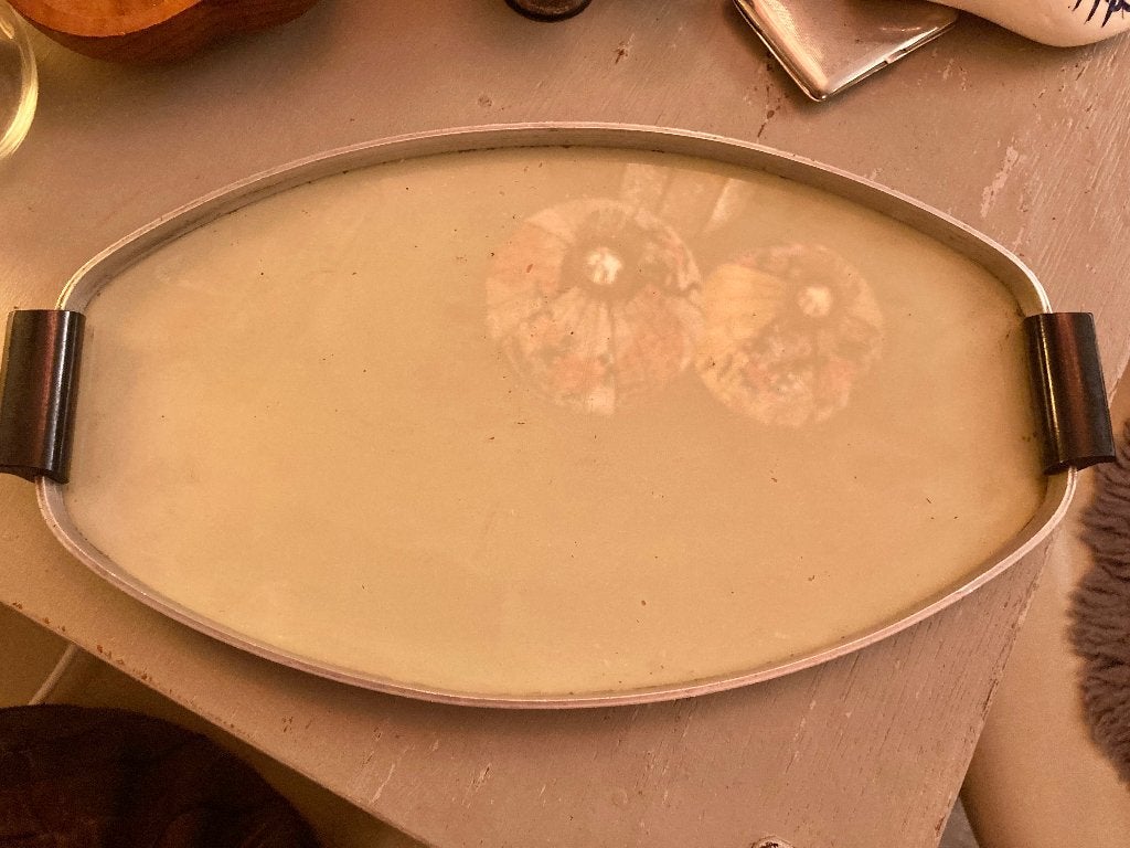 ovaal vintage dienblad hout glas art deco design antiek boho, Gebruikt, Ophalen of Verzenden, Ovaal, Serveerplateau