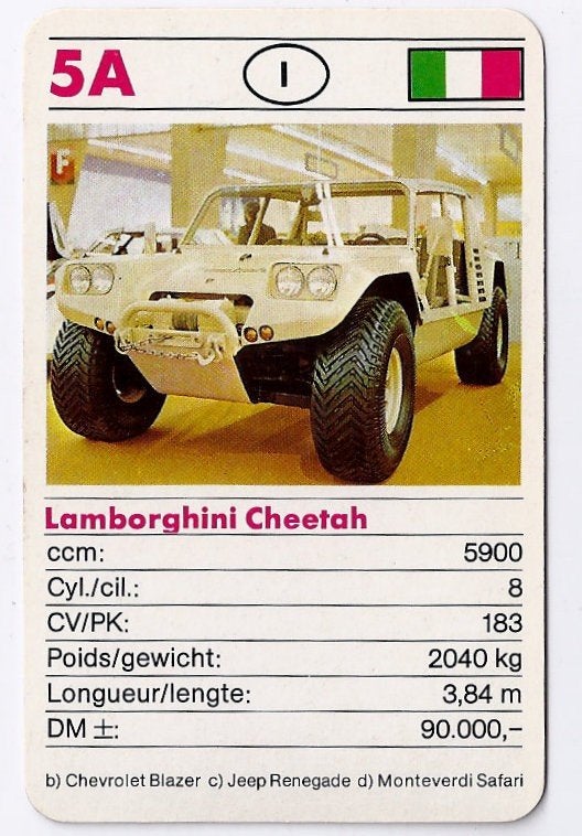 Kw1613 autokaartje 5a lamborghini cheetah, Ophalen of Verzenden, Zo goed als nieuw, Auto's