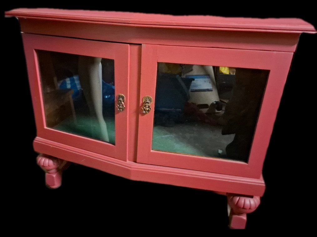 Uniek Vintage Theekastje / Vitrinekastje (Roze-Rood), Ophalen, Gebruikt, 50 tot 100 cm, Glas