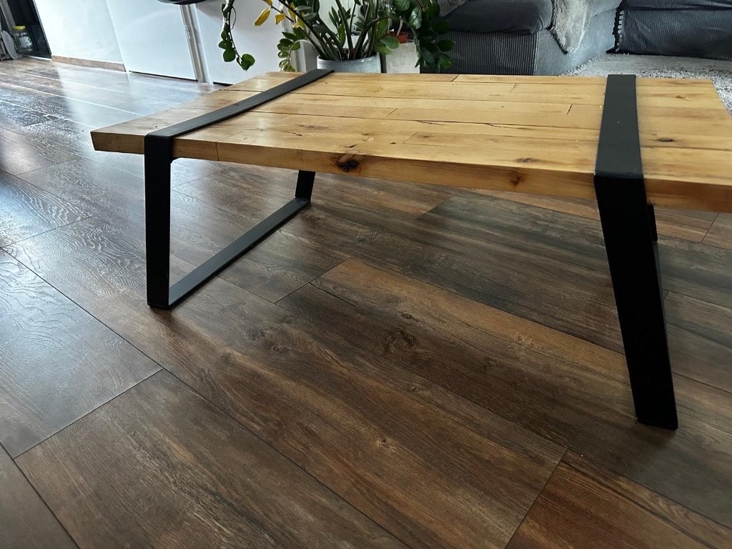 Unieke handgemaakte salontafel van hout en metaal, 50 tot 100 cm, 50 tot 100 cm, Zo goed als nieuw, Industrieel, Modern, Robuust