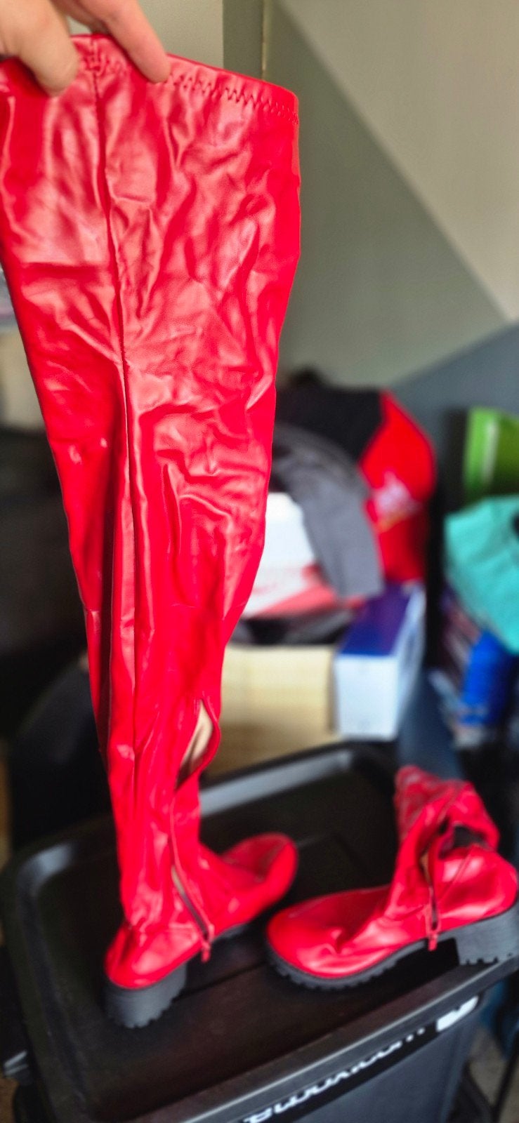 Rode overknee laarzen - Maat 43, Hoge laarzen, Onbekend., Ophalen of Verzenden, Gedragen