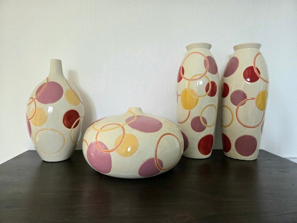 4-delige vazenset Villa Pottery L&L– Retro Cirkels MCM, Ophalen, Zo goed als nieuw, Meerkleurig, Steen/keramiek