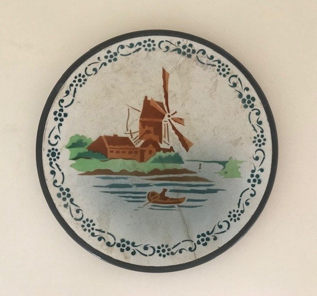 Franse brocante aardewerk onderzetter met vernikkelde rand, Ophalen of Verzenden