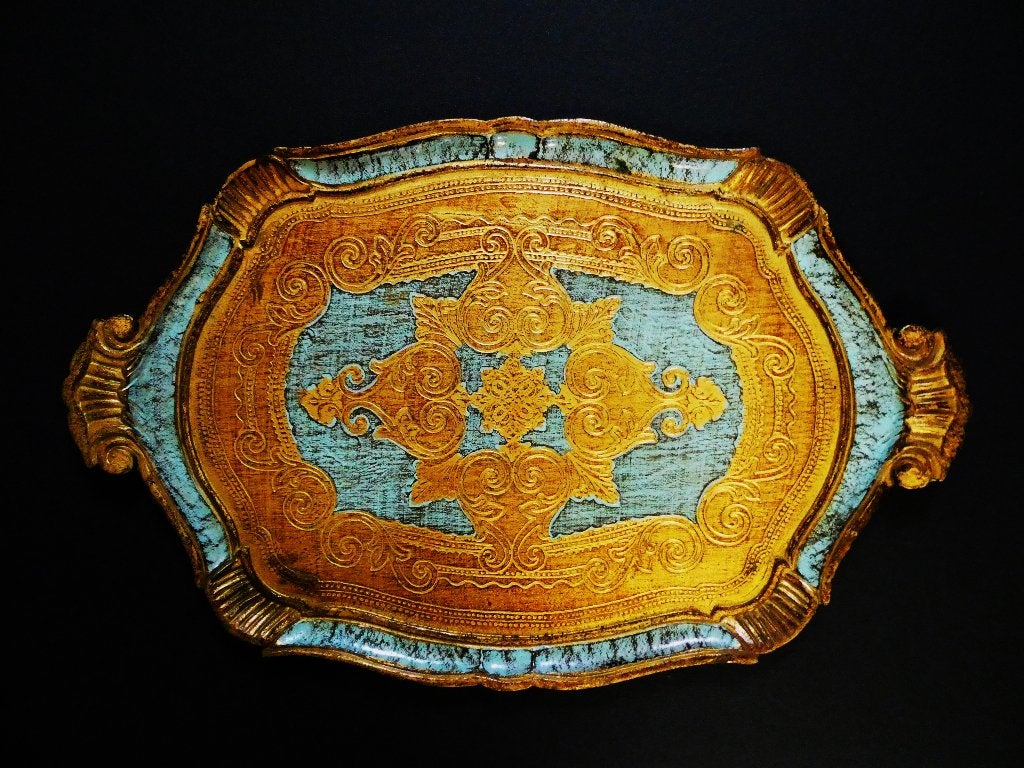 Italiaans dienblad serveerblad goud lichtblauw 58 x 38 cm., Ophalen of Verzenden