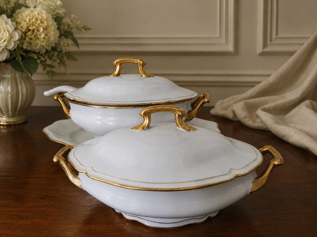 Limoges soepterrine op schaal en dekschaal en lepel, 6 delig, Antiek en Kunst, Antiek | Servies los, Ophalen of Verzenden