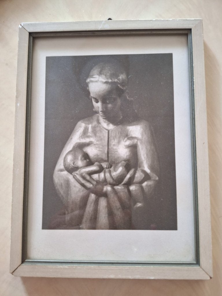 Vintage fotolijst met afbeelding van moeder en kind, Gebruikt, Hout, Hangend, Grijs