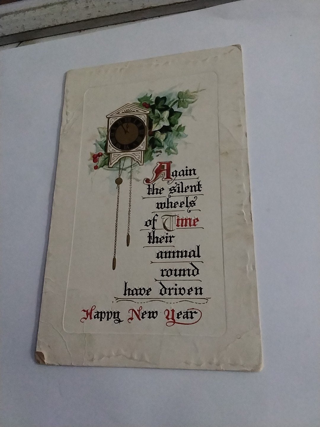 Antieke Nieuwjaarskaart  klok en handgeschreven bericht 1912, Ophalen of Verzenden, Voor 1920