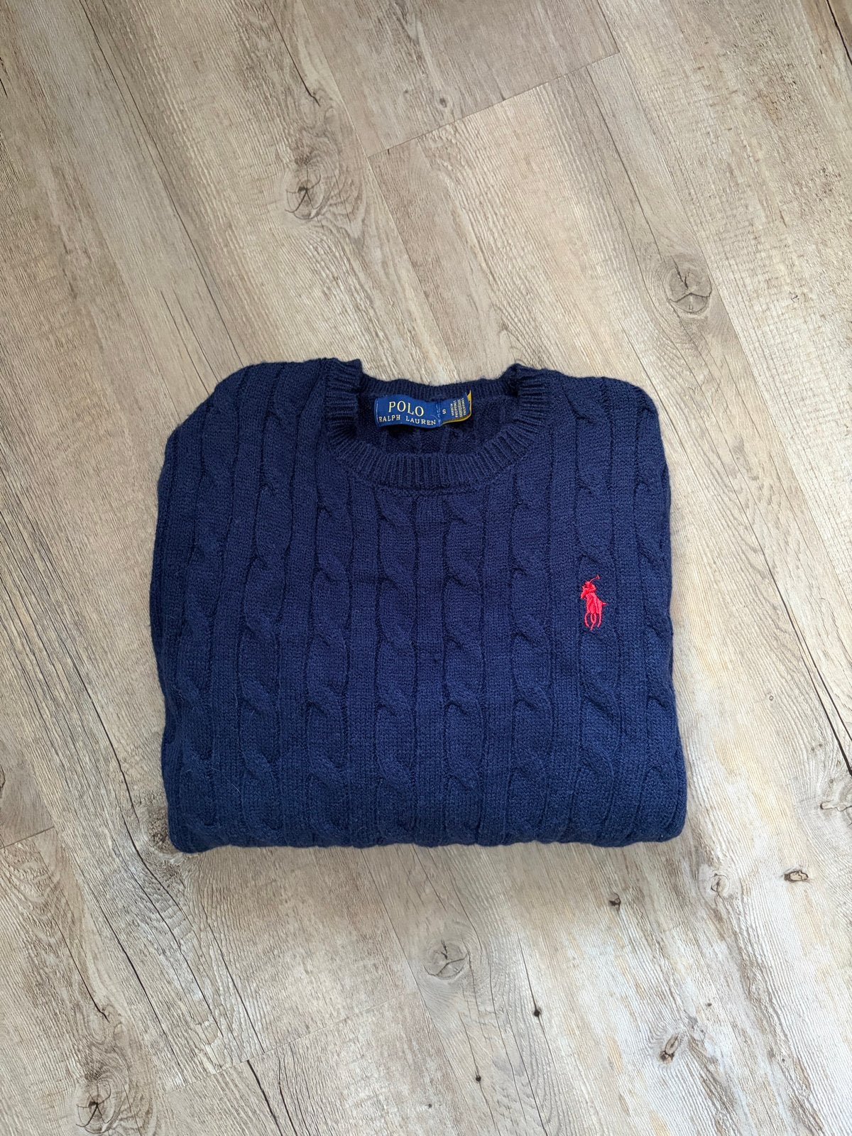 Polo Ralph Lauren kabelgebreide trui - Maat S, Kleding | Heren, Verzenden, Zo goed als nieuw, Maat 46 (S) of kleiner, Blauw