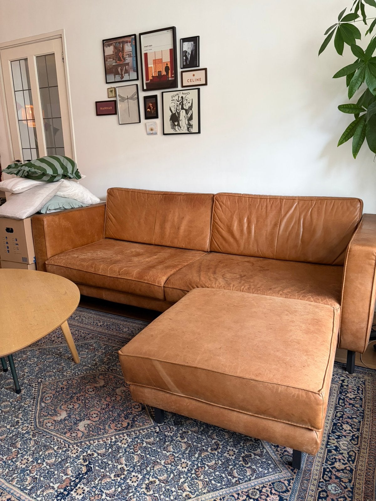 Leren bank met hocker, Ophalen, Gebruikt, Leer