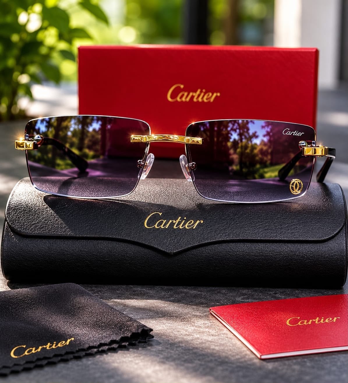 Cartier Zonnebril met Gouden Details en Paarse Glazen, Overige merken, Zonnebril, Paars, Ophalen of Verzenden