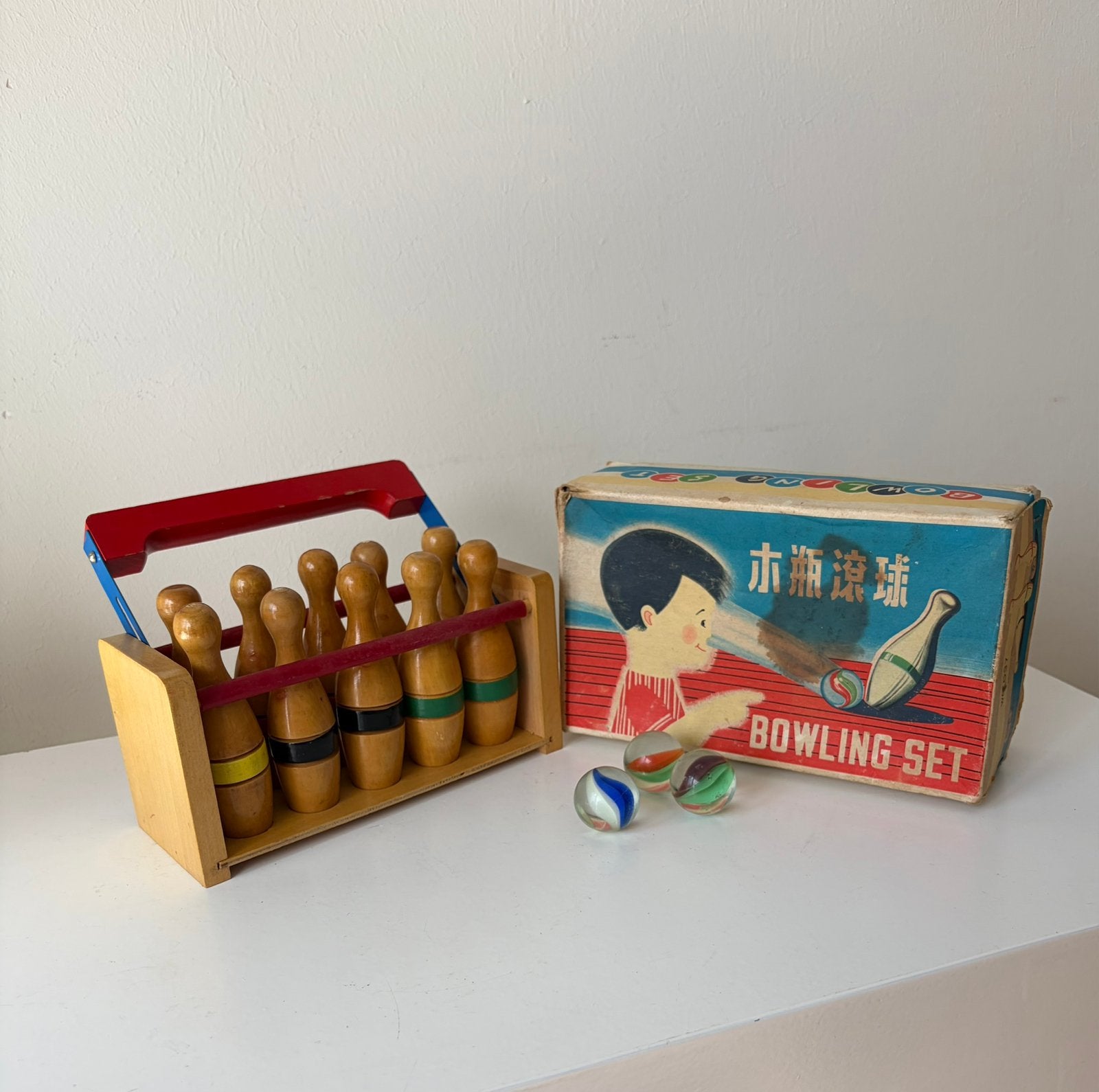 Oud tafel bowling spel, hout in originele doos, 1960., Ophalen of Verzenden