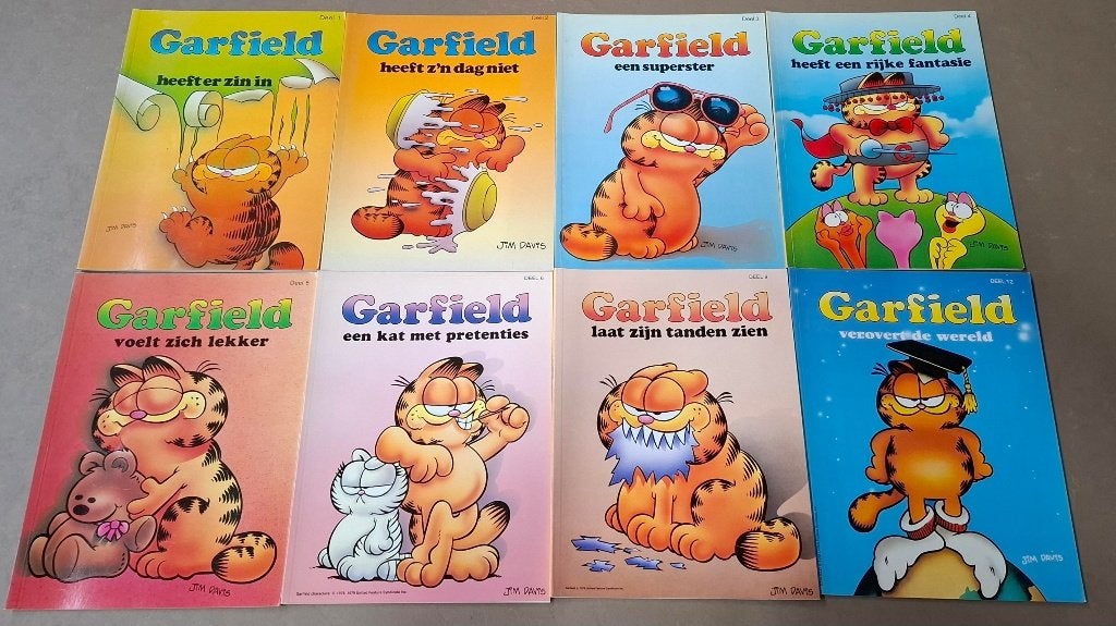 8 x Garfield stripboeken, Meerdere stripboeken, Ophalen of Verzenden, Gelezen, Jim Davis