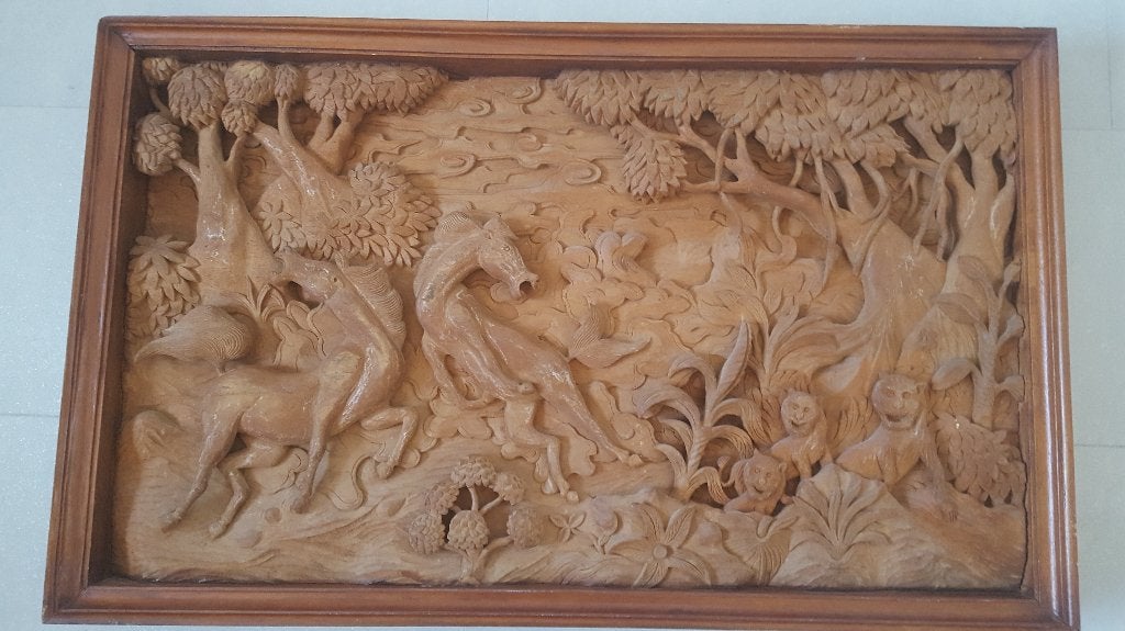 Teakhouten paneel handgesneden Jaar van het Paard 93 x 56 cm, Ophalen of Verzenden