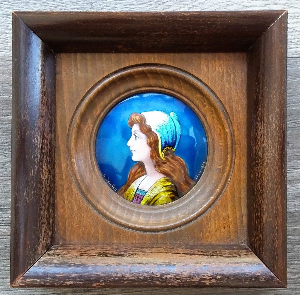 Omstreeks1900 EMAILLE OP KOPER Schilderij Limoges Dame Vrouw, Ophalen of Verzenden
