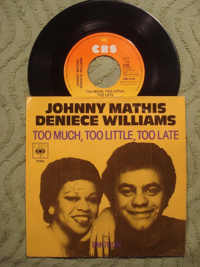 Johnny Mathis & Deniece Williams 7": Too much, little, late, Ophalen of Verzenden, Zo goed als nieuw, R&B en Soul