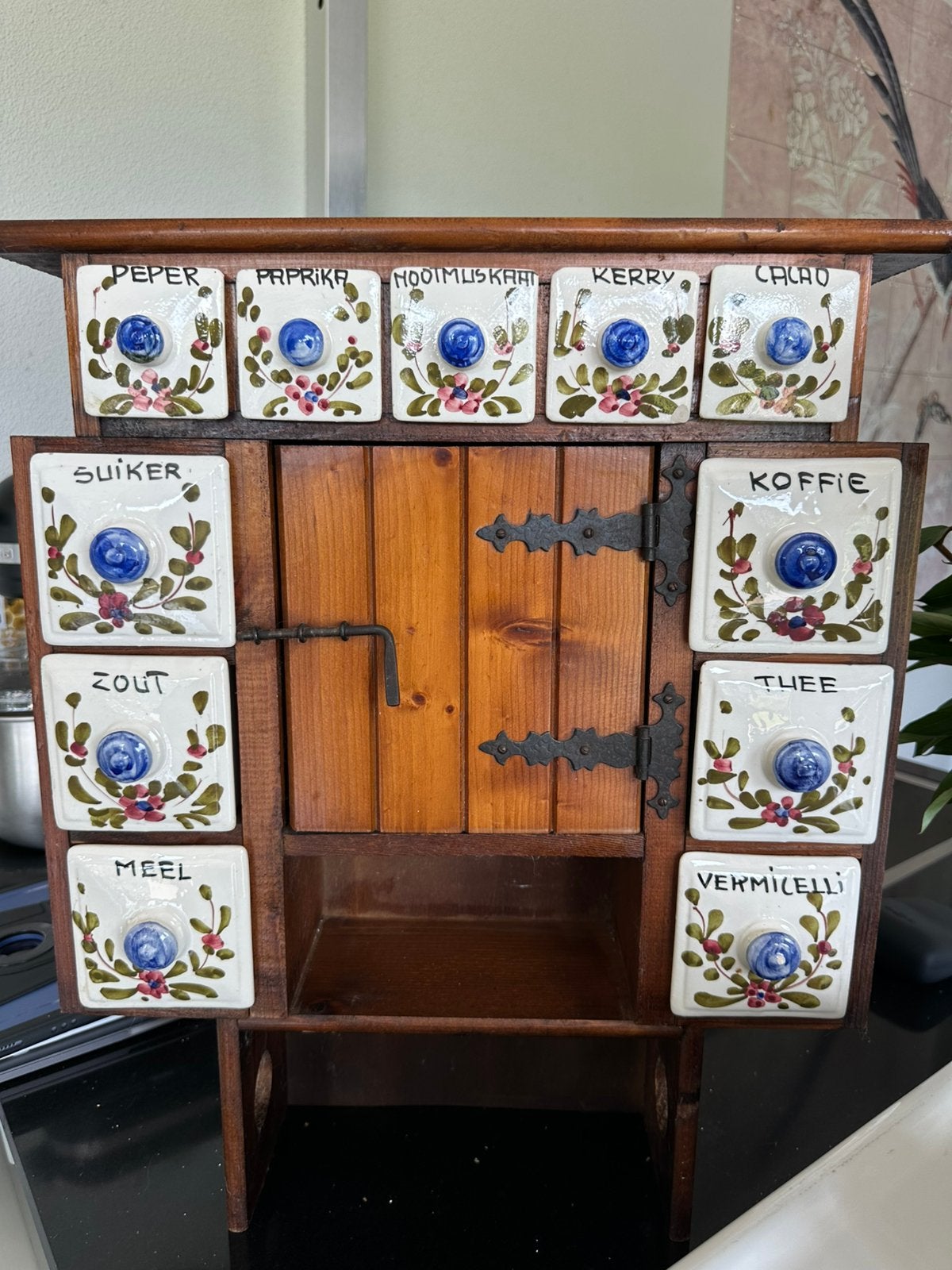 Vintage kruidenrek met 10 keramische bakjes, Ophalen
