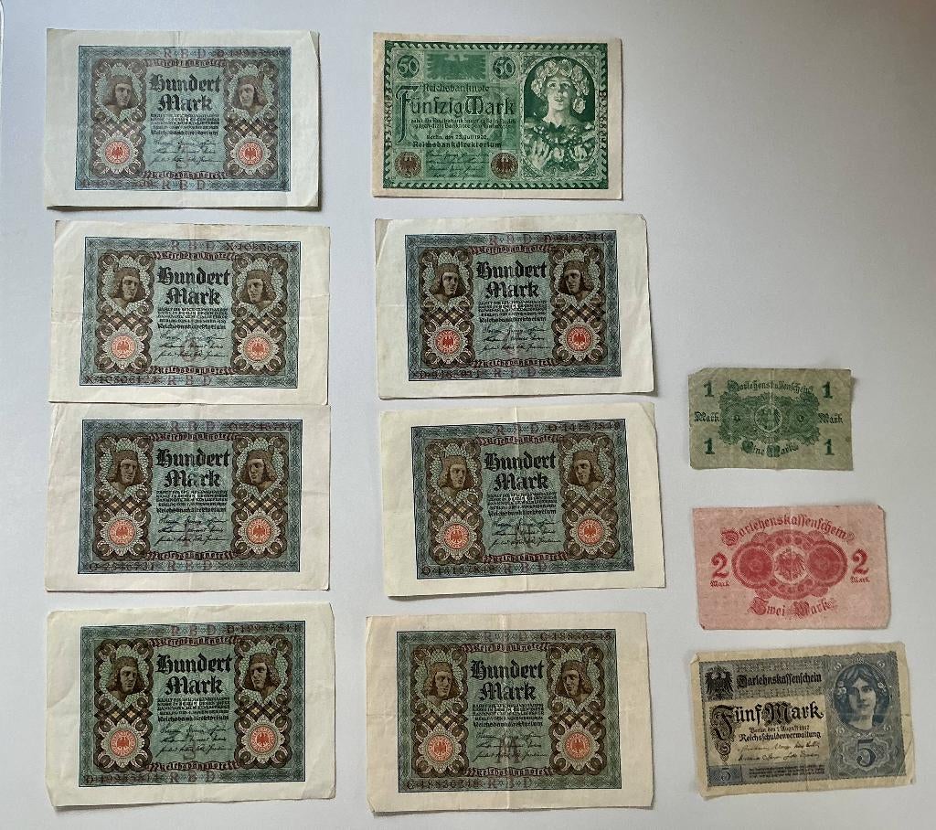 Duitse Reichsbank biljetten 1914-1920 (100-50-5-2-1 Mark), Ophalen of Verzenden, Duitsland, Setje