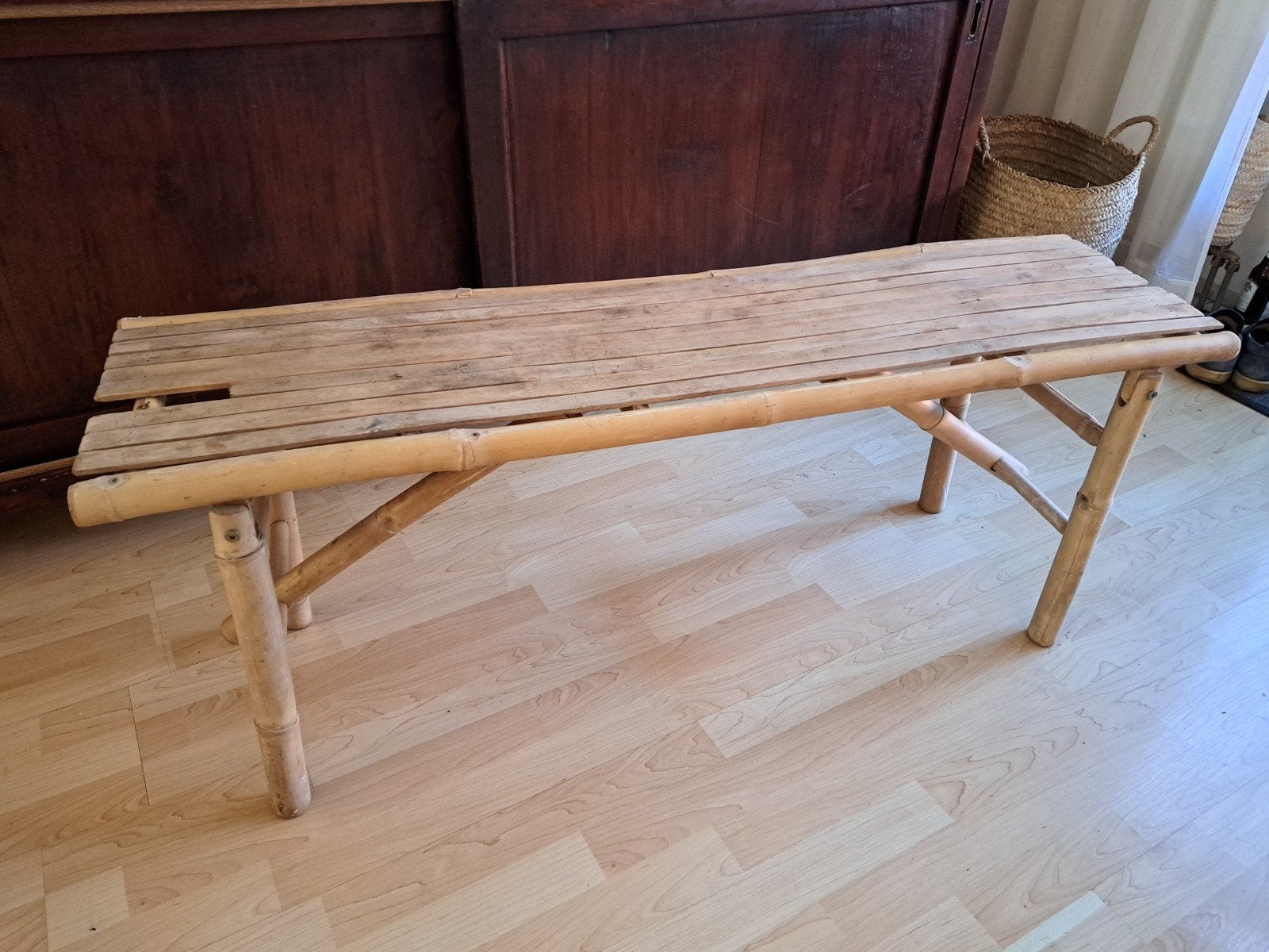 Leuk Bamboe Bankje inklapbaar 120 x 33 x 49, Tuin en Terras, Tuinbanken, Ophalen, Gebruikt