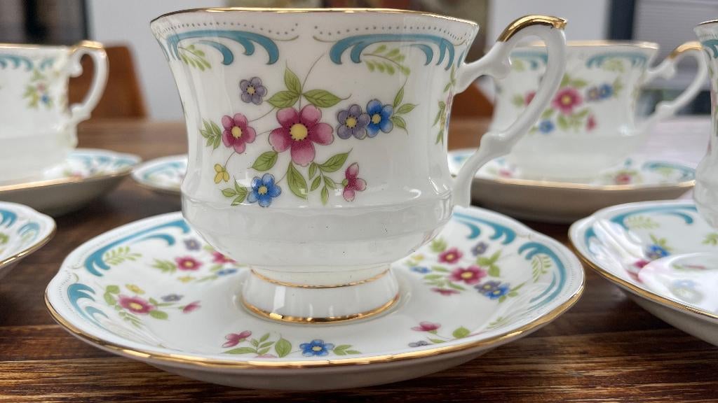 6 Thee Kop en Schotels Royal Ascot Fine Bone China, Antiek en Kunst, Antiek | Servies los, Ophalen of Verzenden