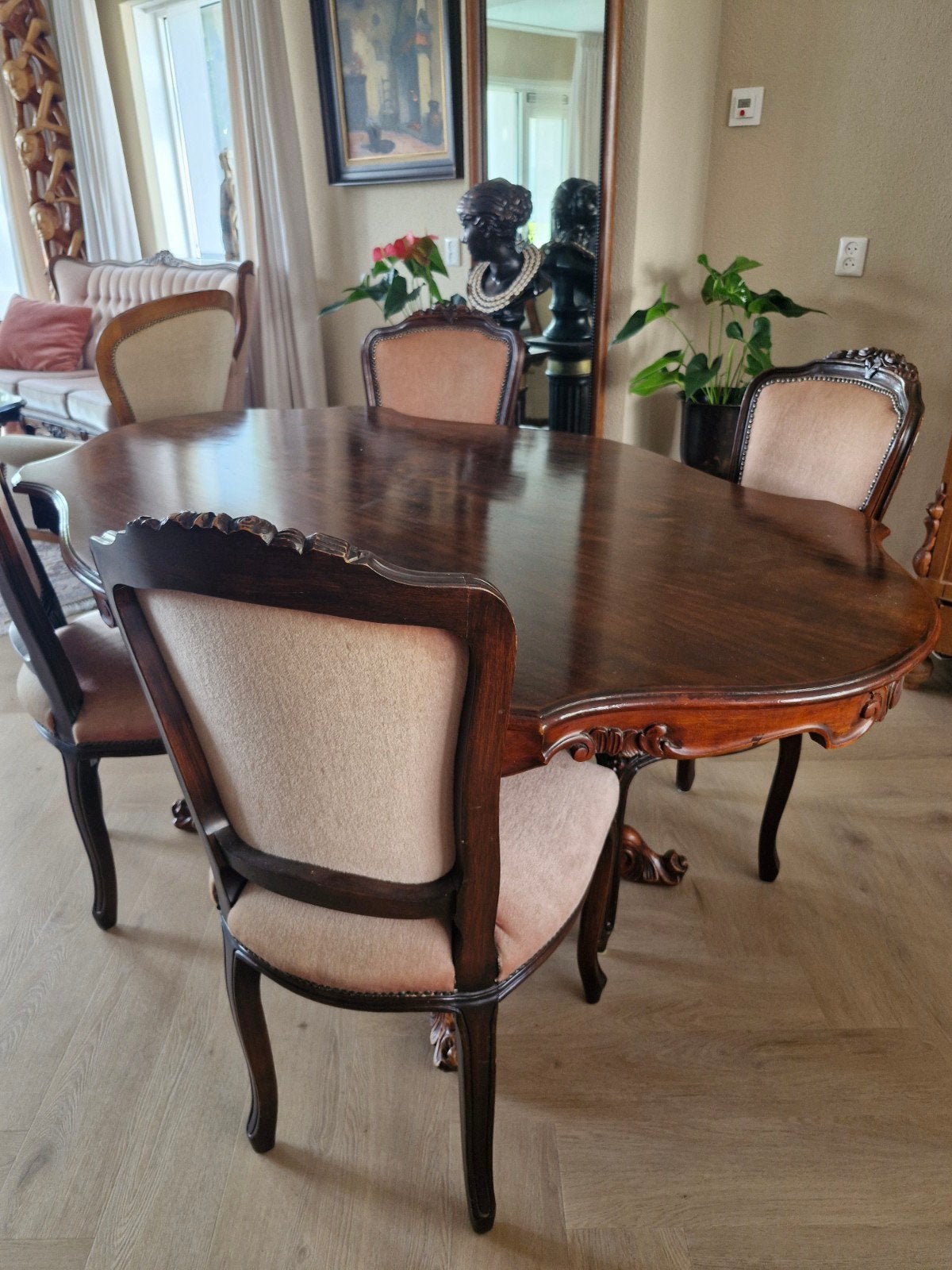 Barok Eetkamerset: Tafel en 4 Stoelen met Oudroze Velours, Ophalen