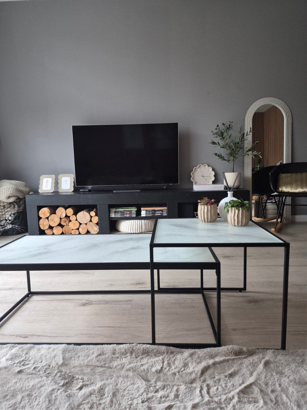 Uitschuifbare salontafels marmerlook zwart glas zgan, Huis en Inrichting, Ophalen, Minder dan 50 cm, 50 tot 100 cm, Glas