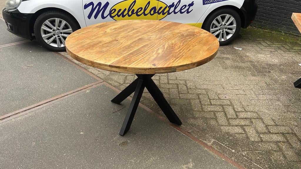 Eettafel rond Mango 120 cm dik blad. Super deal Showmodel., Huis en Inrichting, Tafels | Eettafels, Ophalen, Rond, Nieuw, Vier personen