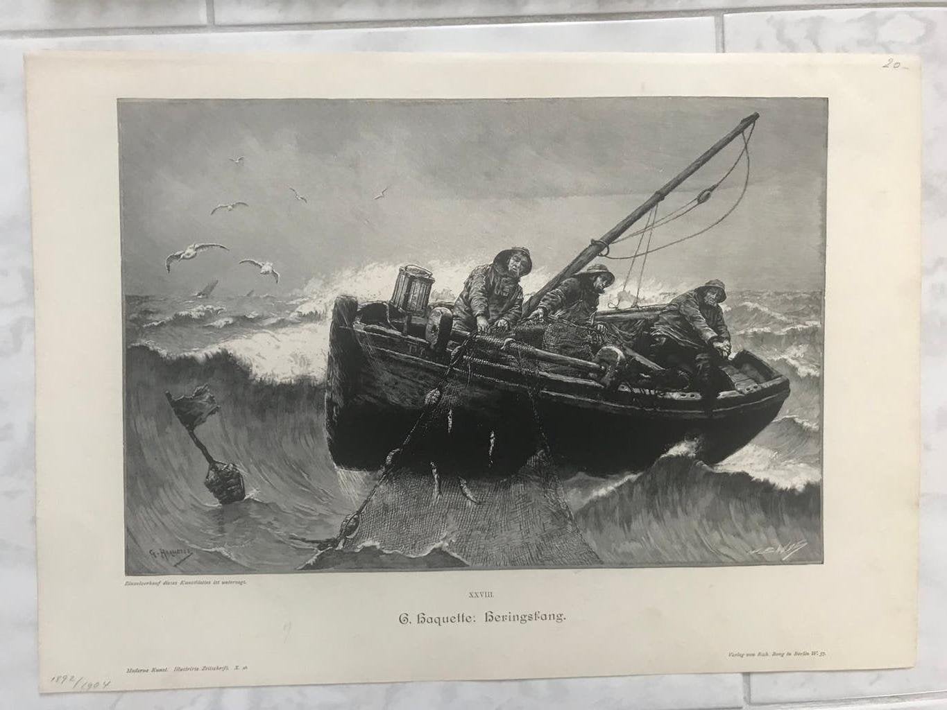 G. Haquette: Heringsfang,1898, or. gravure, 31x21cm., mooi!, Origineel, Dagelijks leven, 1800 - 1899, Ophalen of Verzenden
