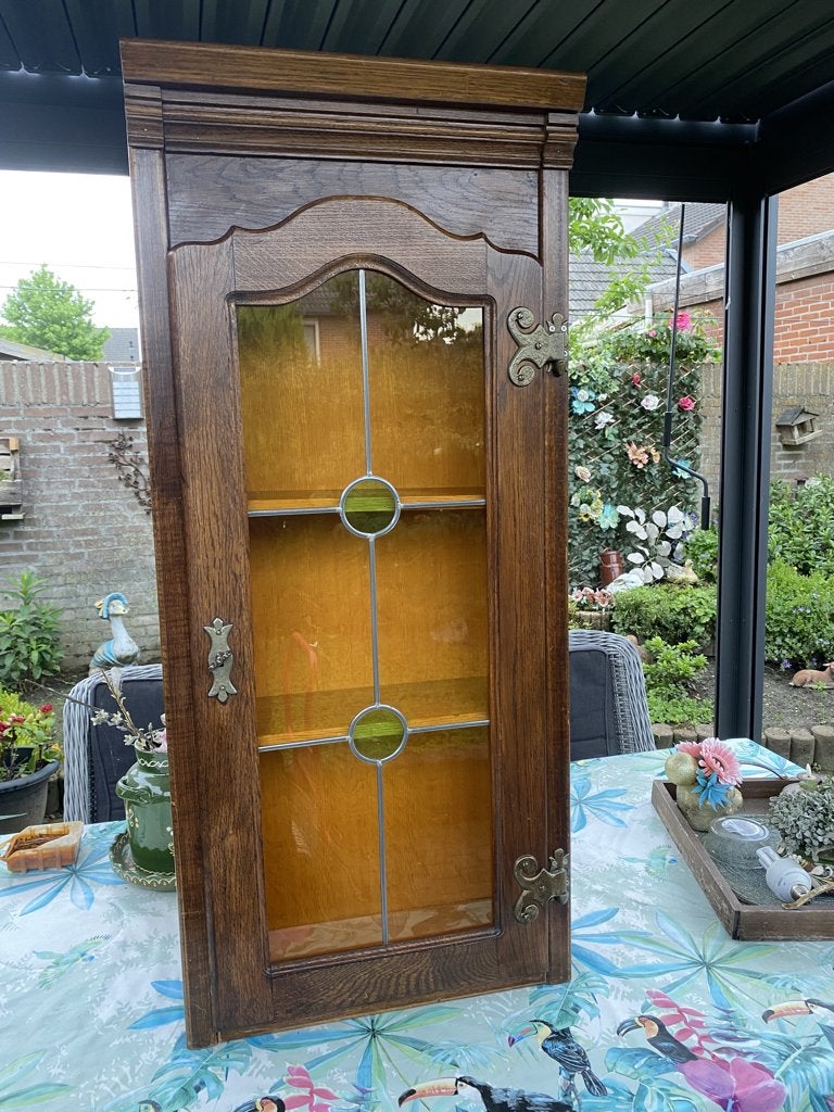 groot bruin eiken vitrinekastje, Huis en Inrichting, Kasten | Vitrinekasten, Ophalen, Glas, Met deur(en), 100 tot 150 cm