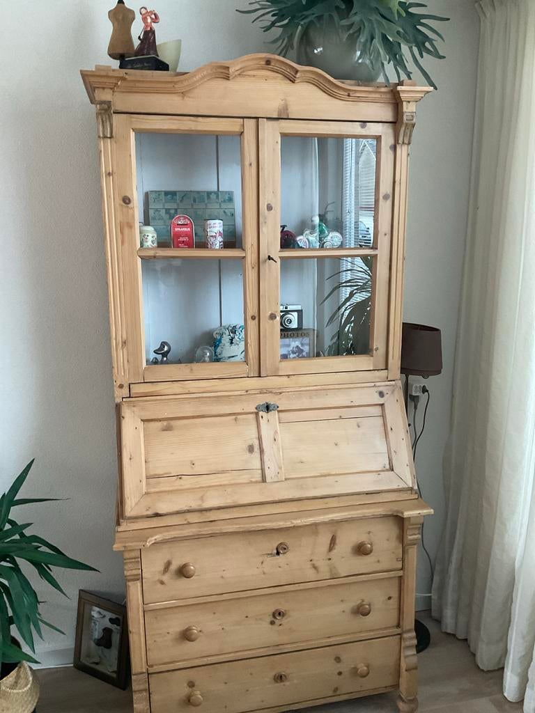 Antieke grenen secretaire met vitrinekast, Ophalen of Verzenden
