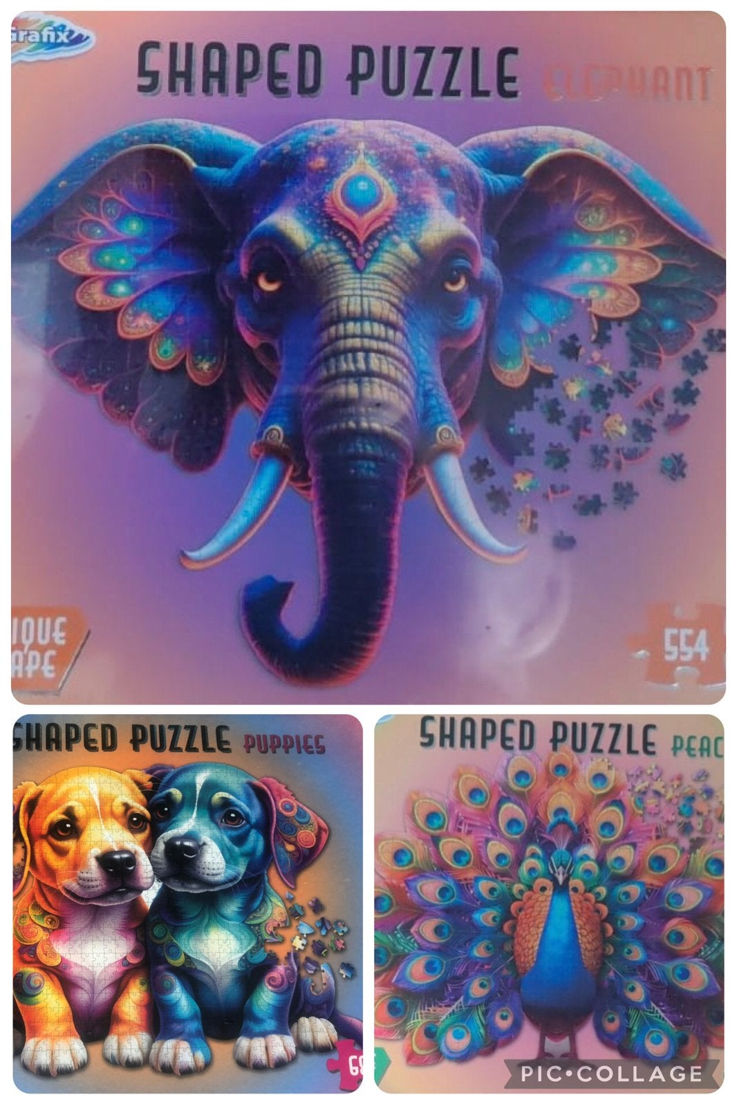 Shaped Puzzel Puppies, Olifant en Pauw - nieuw, Ophalen of Verzenden, 500 t/m 1500 stukjes, Nieuw, Legpuzzel