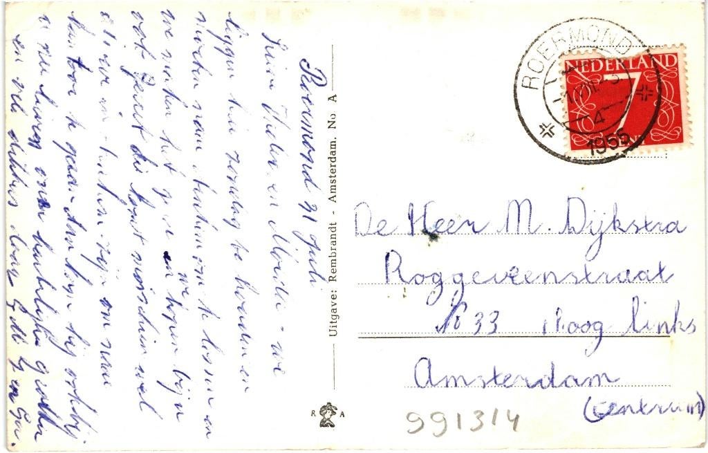 991314 Roermond 1955 Gelopen met postzegel, Ophalen of Verzenden, 1940 tot 1960, Gelopen, Limburg