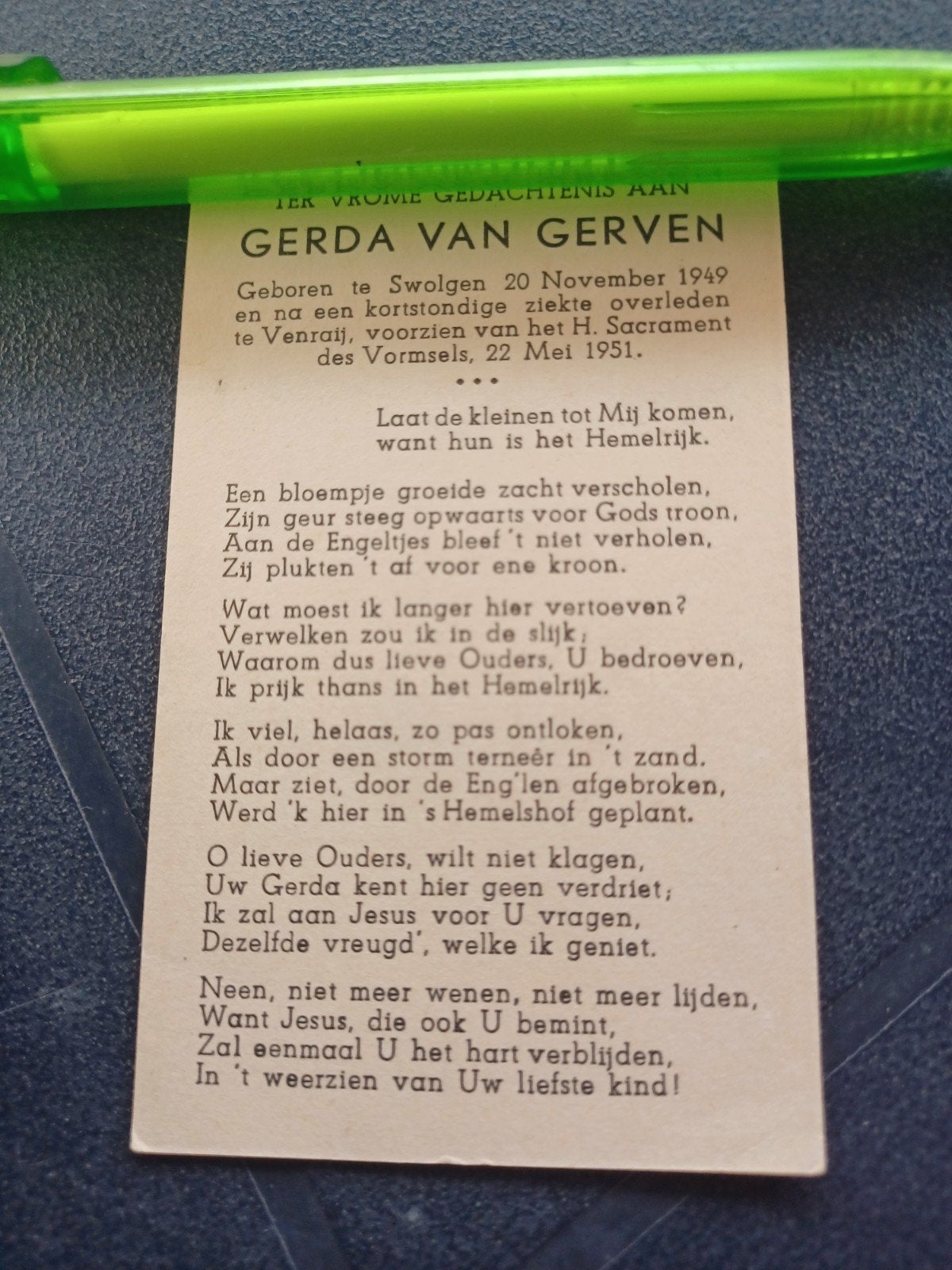 Bidprentje Swolgen Venraij Gerda v Gerven 1949 1951, Ophalen, Bidprentje