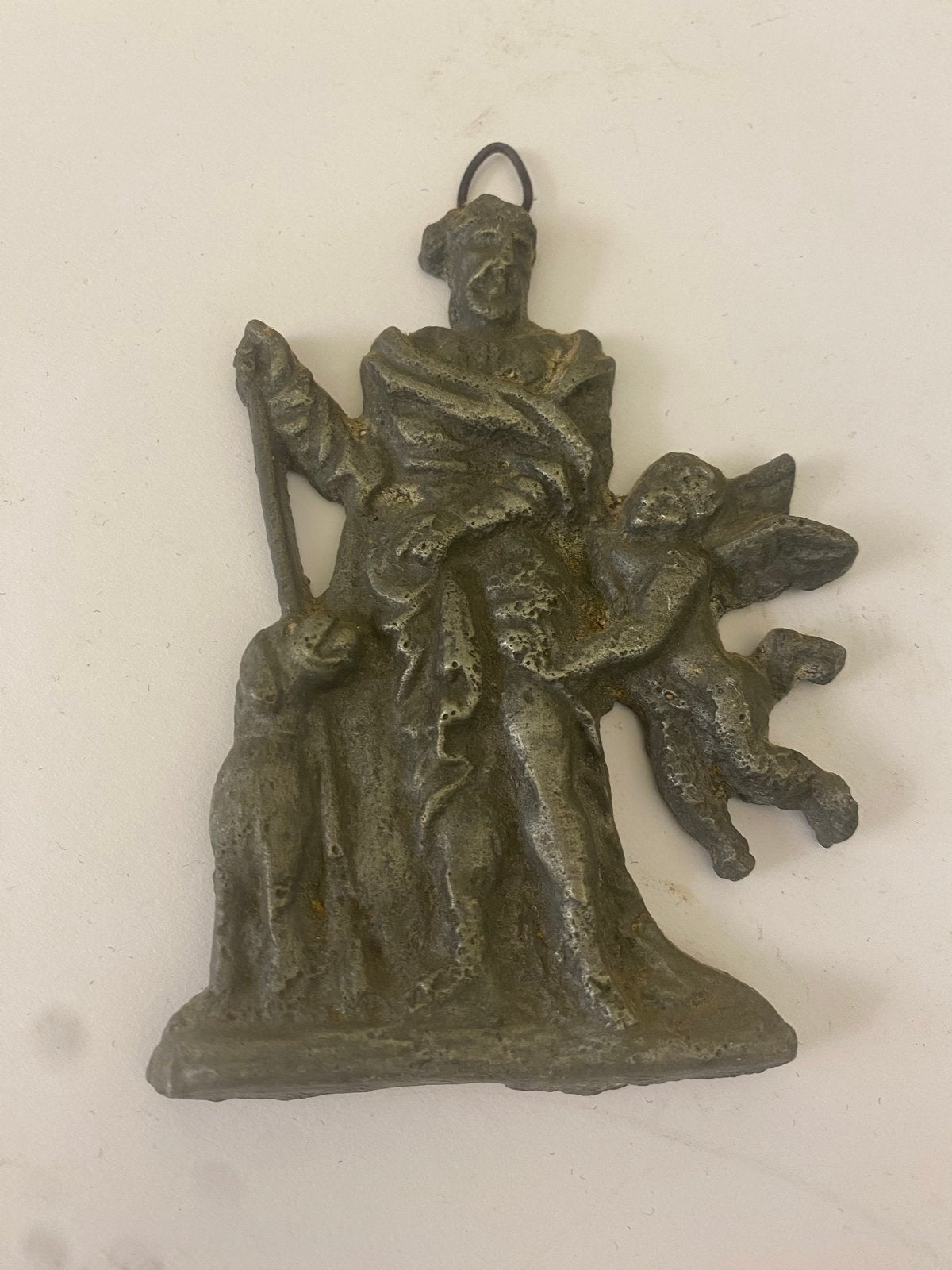 Antieke Tinachtige Plaquette Sint Rochus met Engel en Hond, Antiek en Kunst, Antiek | Religie, Ophalen of Verzenden