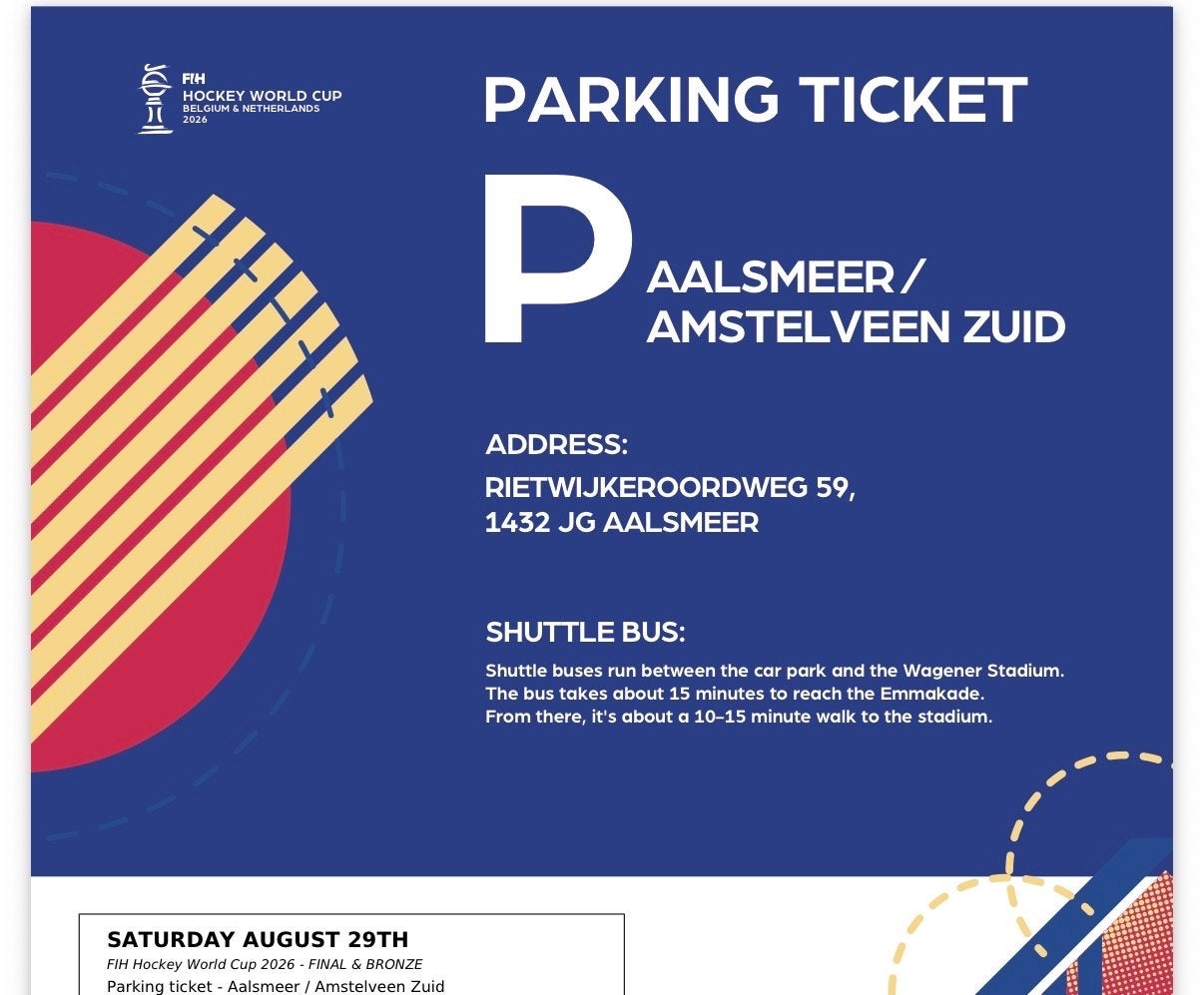 Parkeerticket WK hockey 29 augustus 2026, Eén persoon