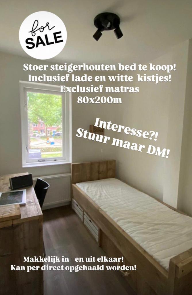 Steigerhout bed, 80x200, Ophalen, Eenpersoons, Zo goed als nieuw, 80 cm