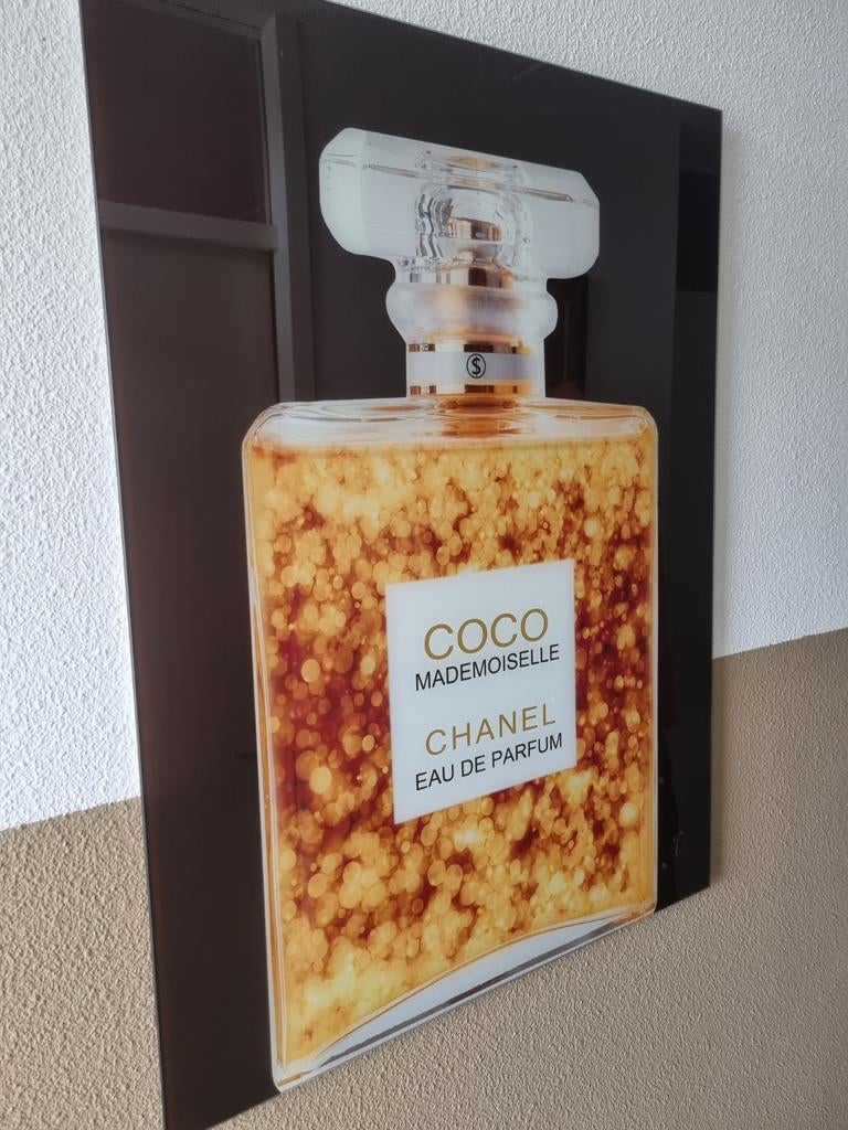 Dun, zwart schilderij met gouden parfumfles, Ophalen, Zo goed als nieuw, Schilderij, Minder dan 50 cm