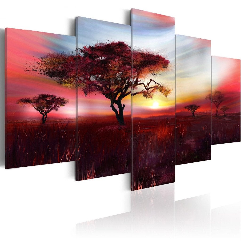 982 Afrika Natuur Rood 5 Luik Schilderij 200x100cm Nieuw, Nieuw, 125 cm of meer, Ophalen of Verzenden, Schilderij