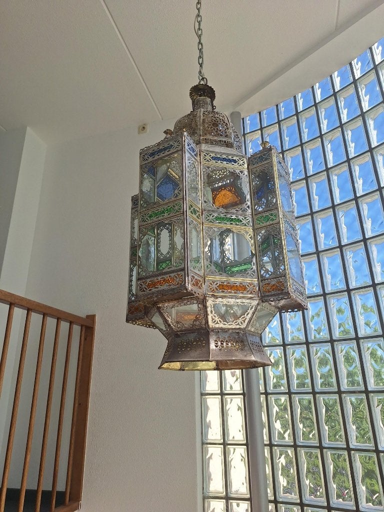 Grote authentieke Marokkaanse hanglamp- handgemaakt-90x45cm, Ophalen, Gebruikt, Glas, Marokkaans