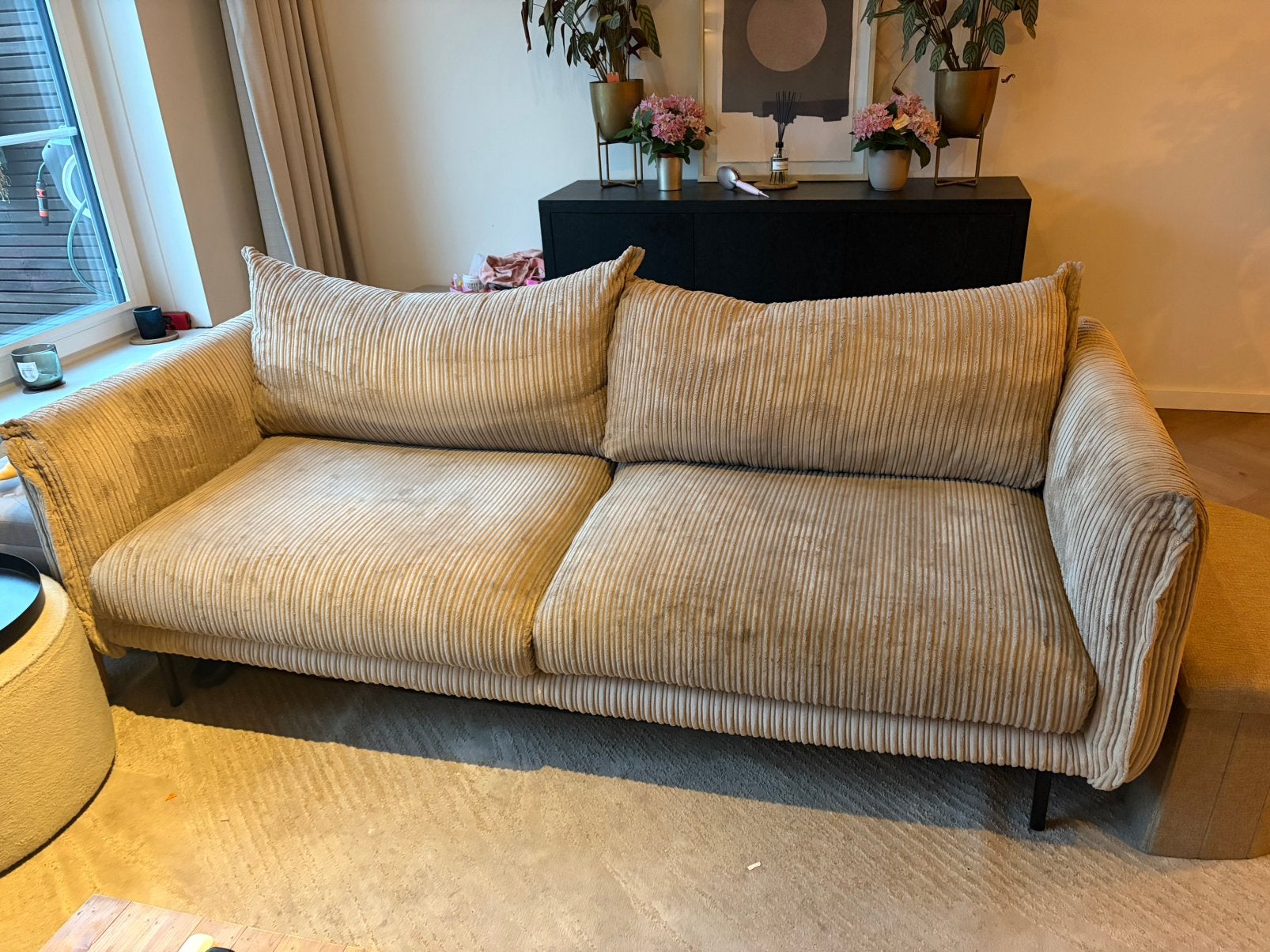 Bank Taupe  fonq ribben 3zits VANAVOND OPHALEN, Ophalen, Gebruikt, Vierpersoons of meer